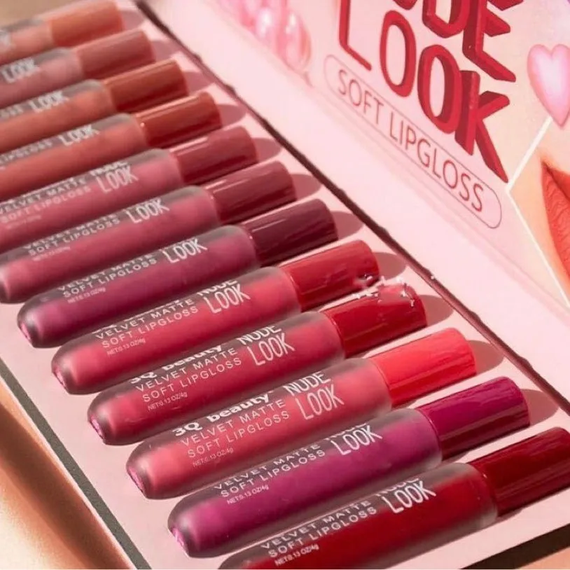 12pcs 3Q Beauty Matte Velvet Lip Gloss Long-Lasting Non-Stick Cup Non-Fading Lipstick Nude Lip Gloss Set