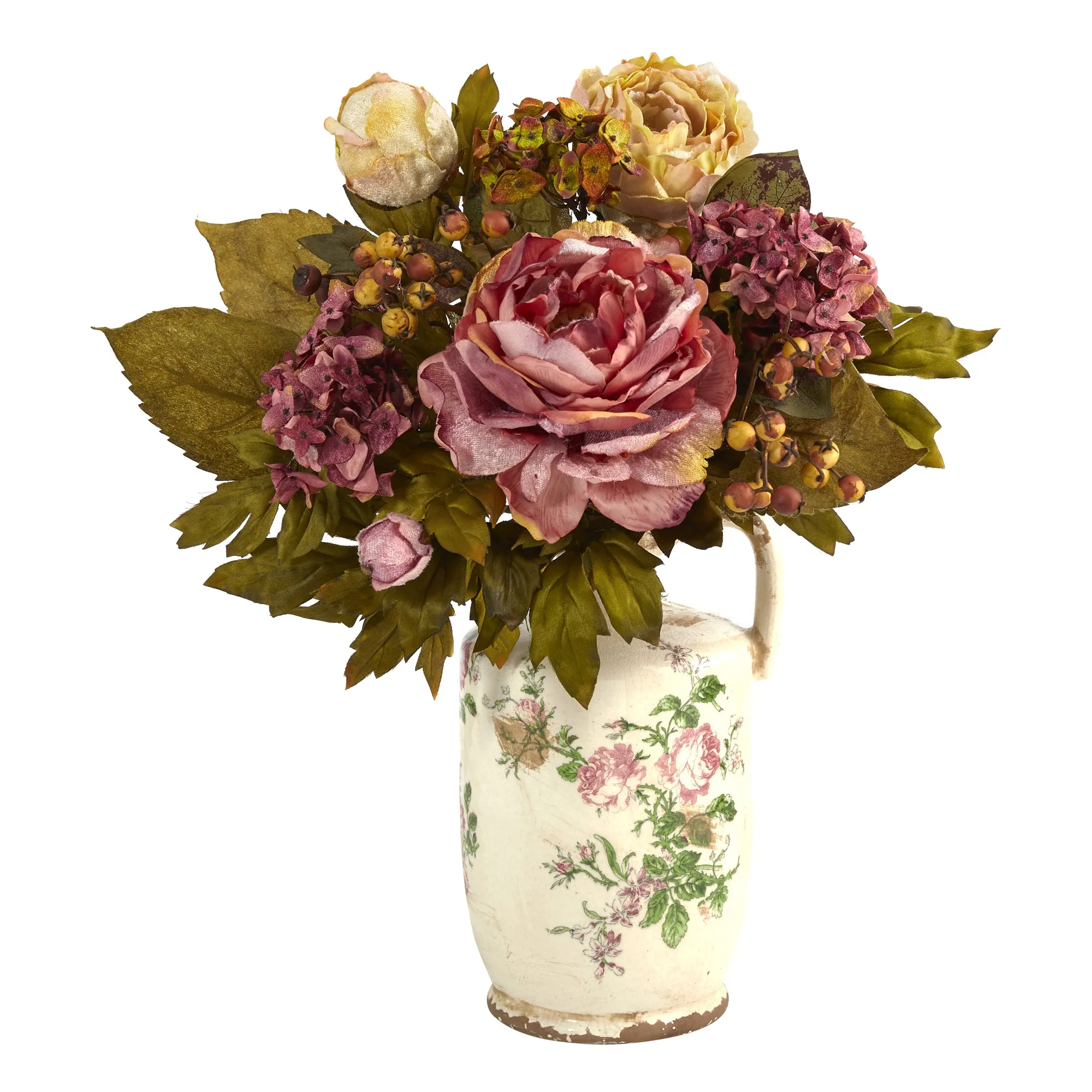 18" Artificial Peony Arrangement in Floral Pitcher, Low Maintenance, Life-Like & Vibrant Silk Flowers For Busy People.