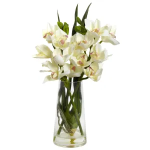 19" Artificial Cymbidium Orchid w/Vase - Low Maintenance, Life-Like & Vibrant Silk Flowers For Busy People.