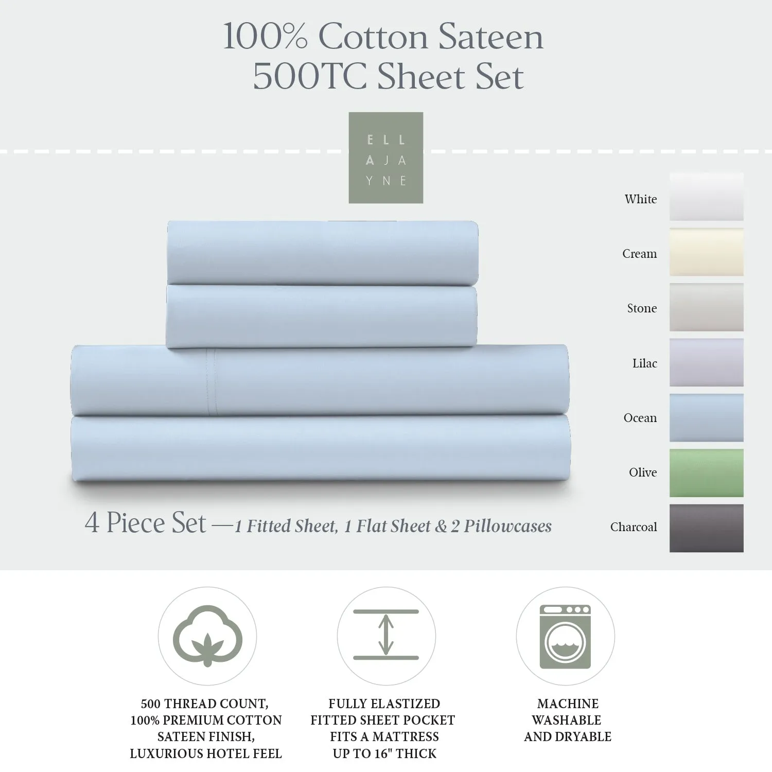 500-Thread Count 100% Cotton Sateen Sheet Set