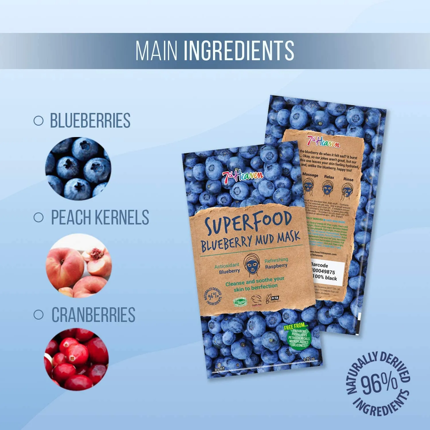 7th Heaven Superfood Blueberry Mud Mask, Soothing and Hydrating Mask with Refreshing Raspberry and Anti-oxidant Blueberry - Ideal for All Skin Types 10g