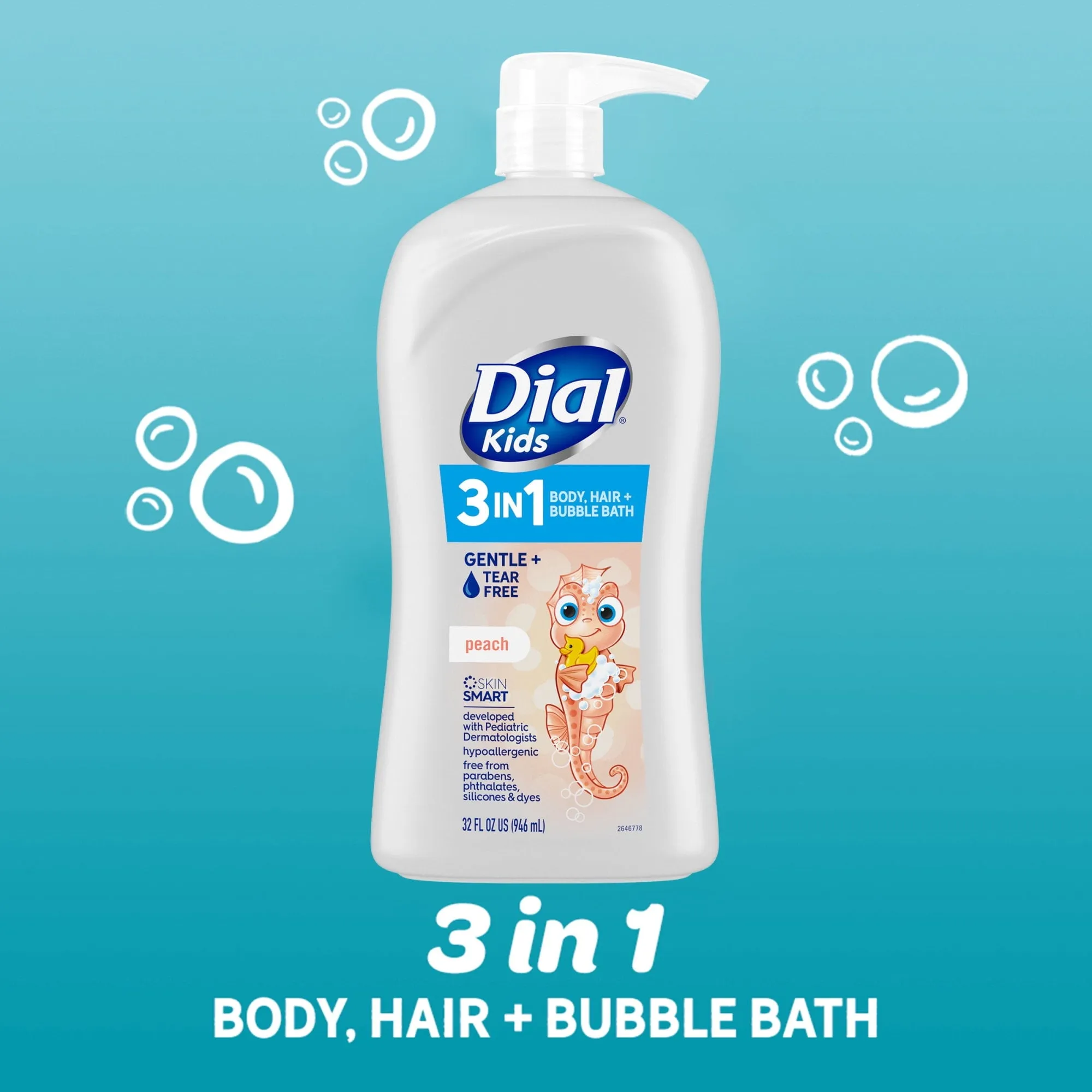 Dial Kids 3-in-1 Body Hair Bubble Bath, Peach, 32 fl oz