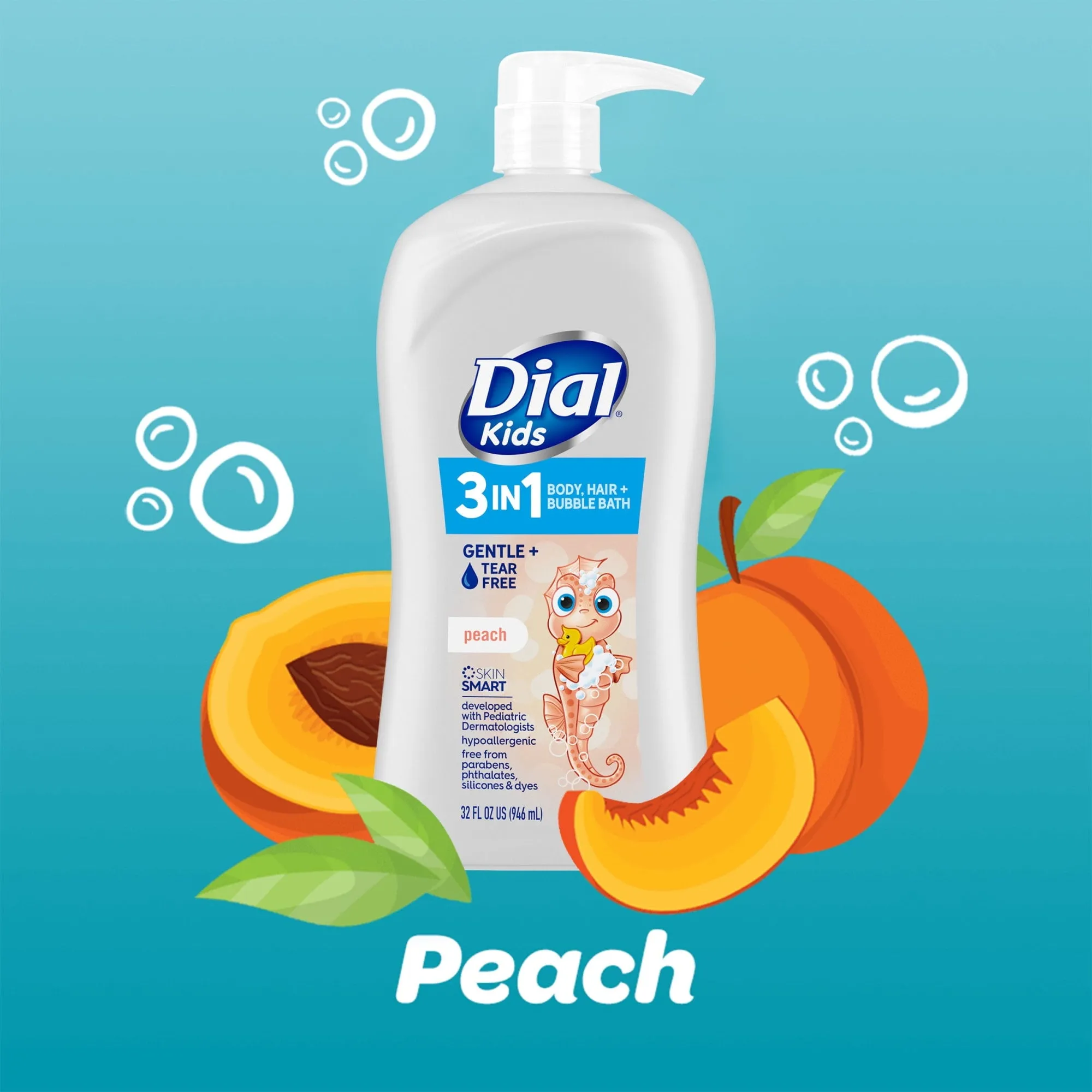 Dial Kids 3-in-1 Body Hair Bubble Bath, Peach, 32 fl oz