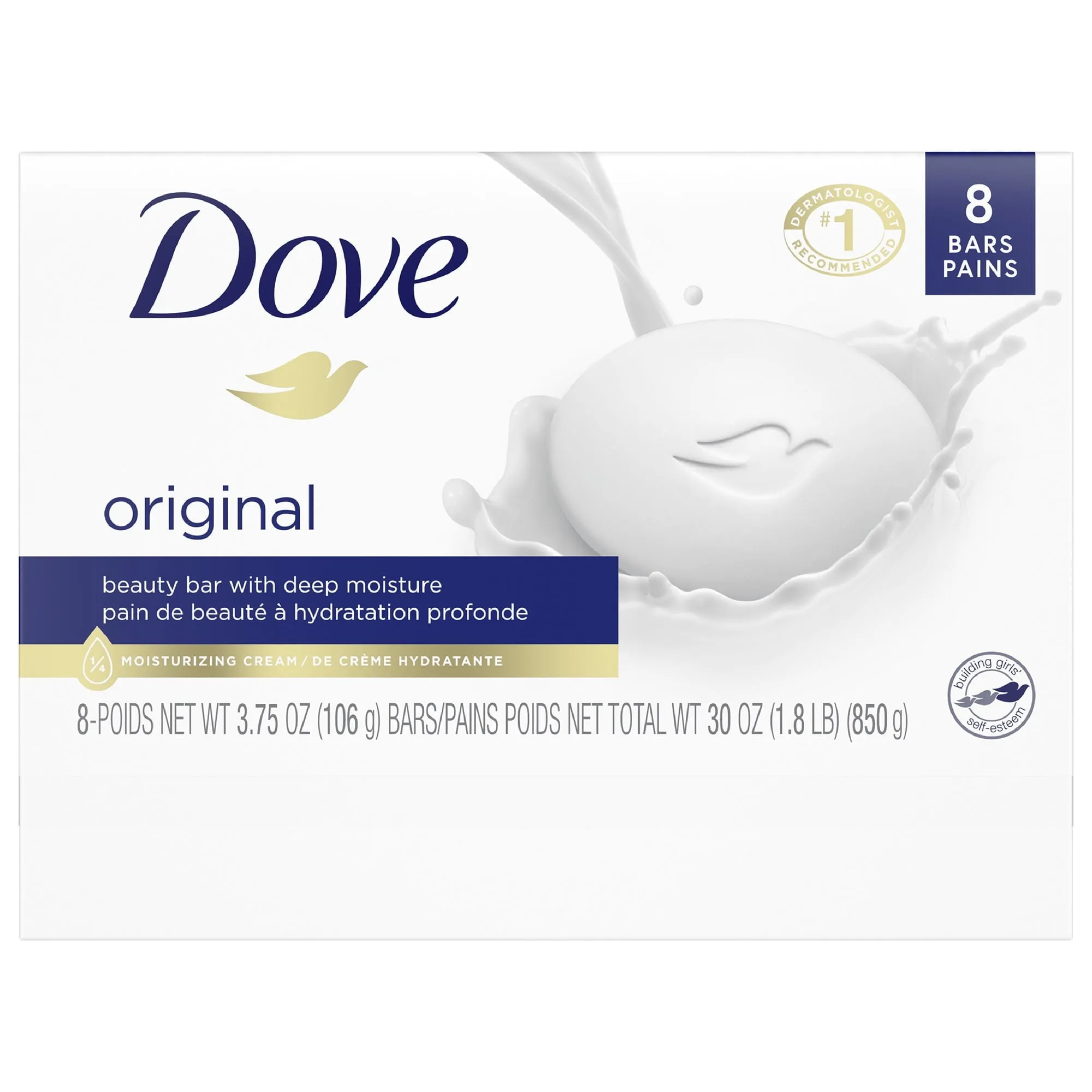 Dove Original Deep Moisturizing Beauty Bar Soap, Unscented, 3.75 oz (8 Bars)